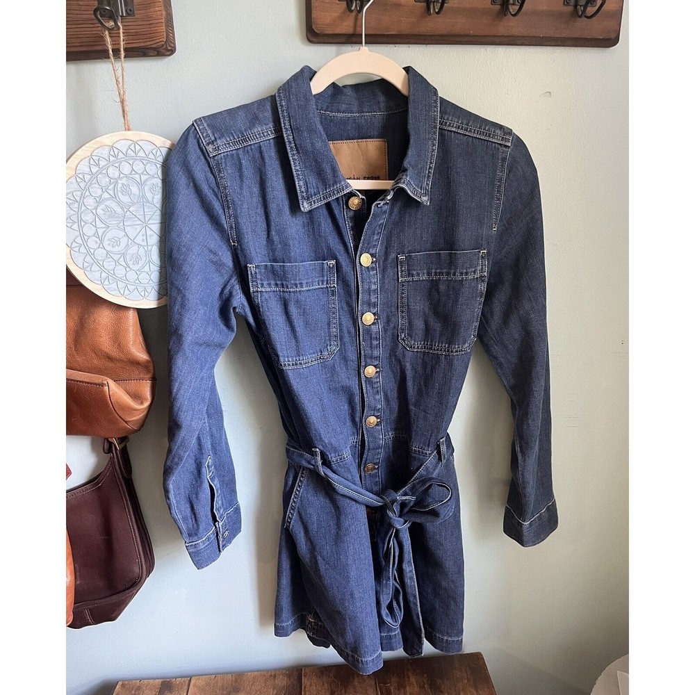 American Eagle Women's Denim Belted Long Sleeve Button Down Romper Size S